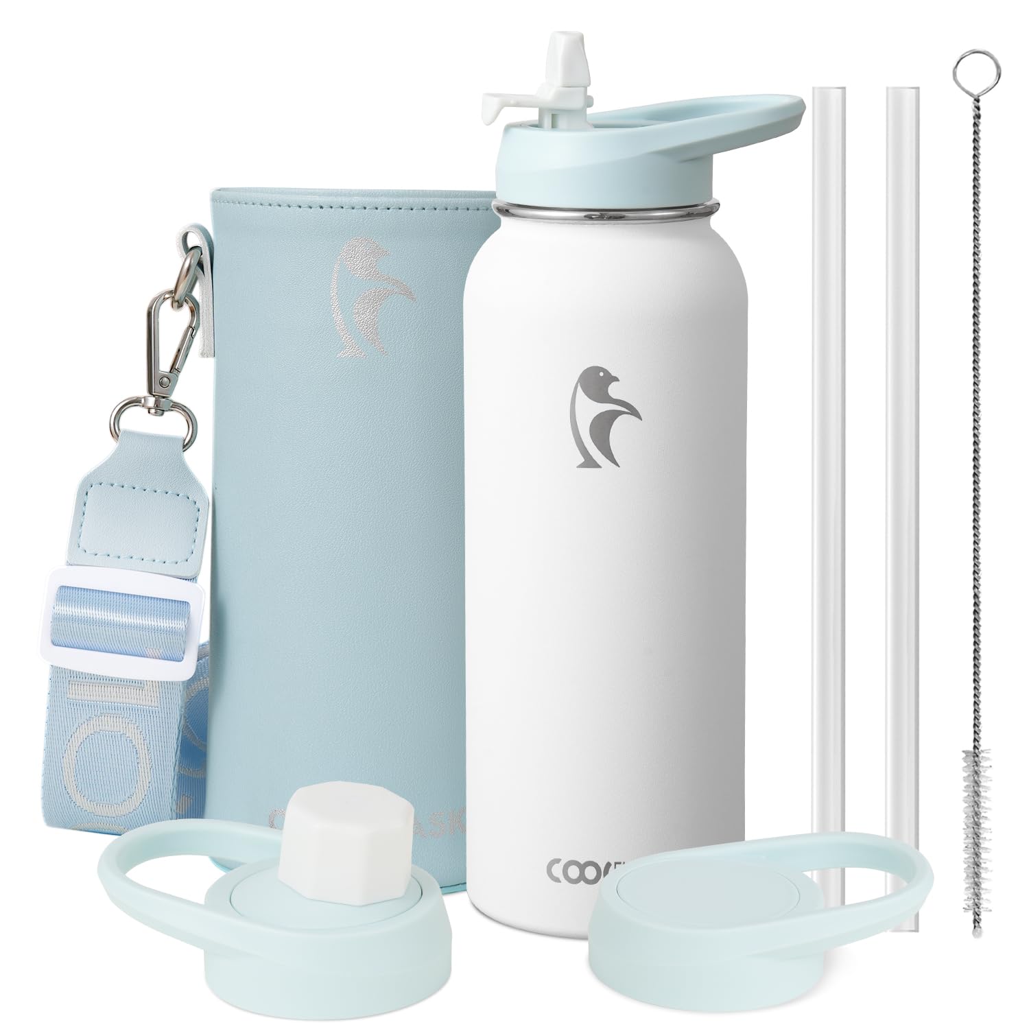 Coolflask 40 oz Water Bottle Insulated with PU Leather Sleeve & 3 Lids