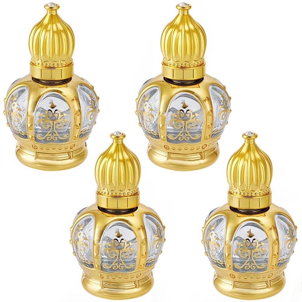 CREATCABIN 4Pcs 15ml Roller Bottles for Perfume Arabian Oil Bottle Arabian Mini Fragrance Refillable Gold Empty Glass Roll On Bo