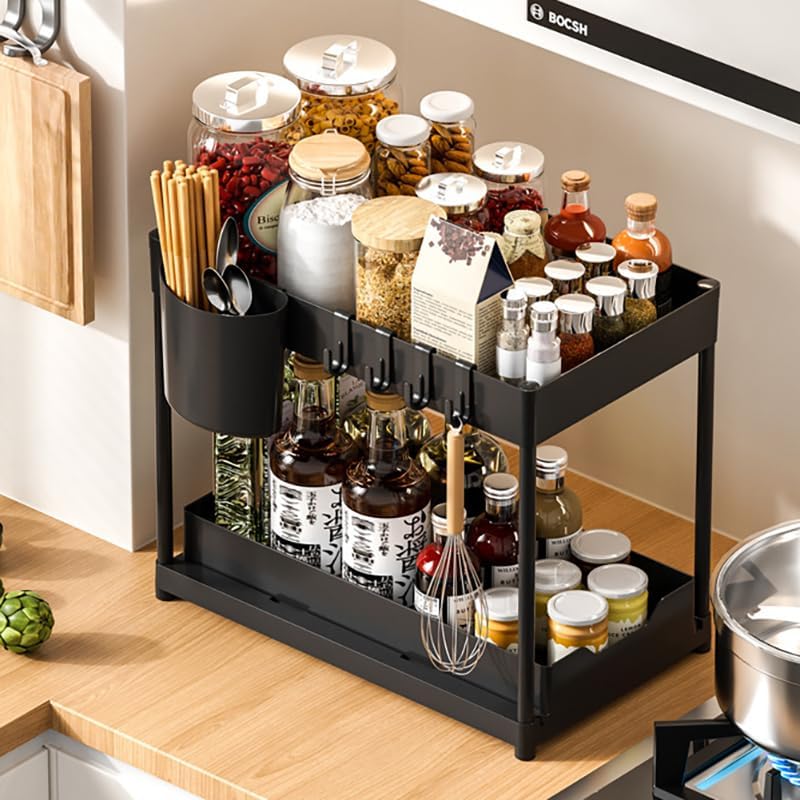 House Of Pahal 2Tier Kitchen Countertop Organizer, Black Metal Storage Rack With 4 Hooks, Hollow Draining Design, AntiSlip Rub