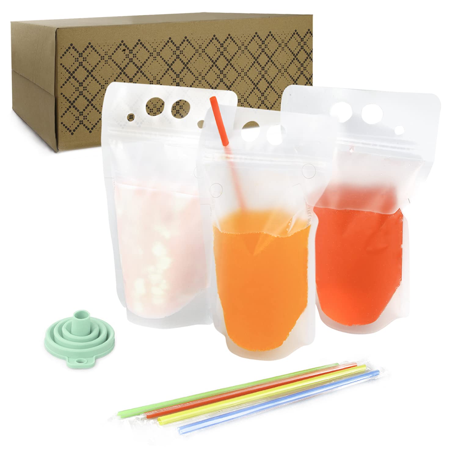 C CRYSTAL LEMON 400PCS Drink Pouches with 400 Straws - Reusable Juice and Smoothie Bags with Zipper Seal - BPA-Free Stand-Up Pla