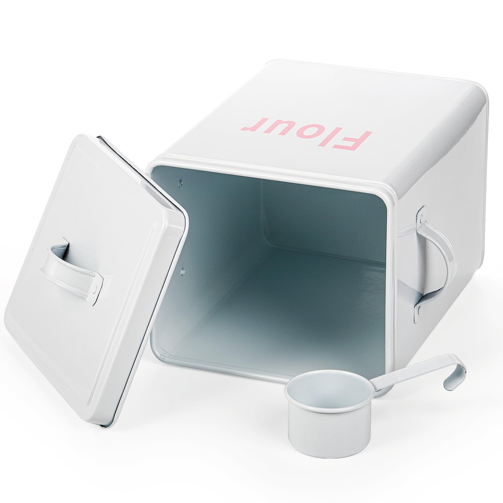 Youeon 1.5 Gallon Metal Flour Storage Container With Airtight Lid And Measuring Scoop, Square Flour Canister With Handle, White