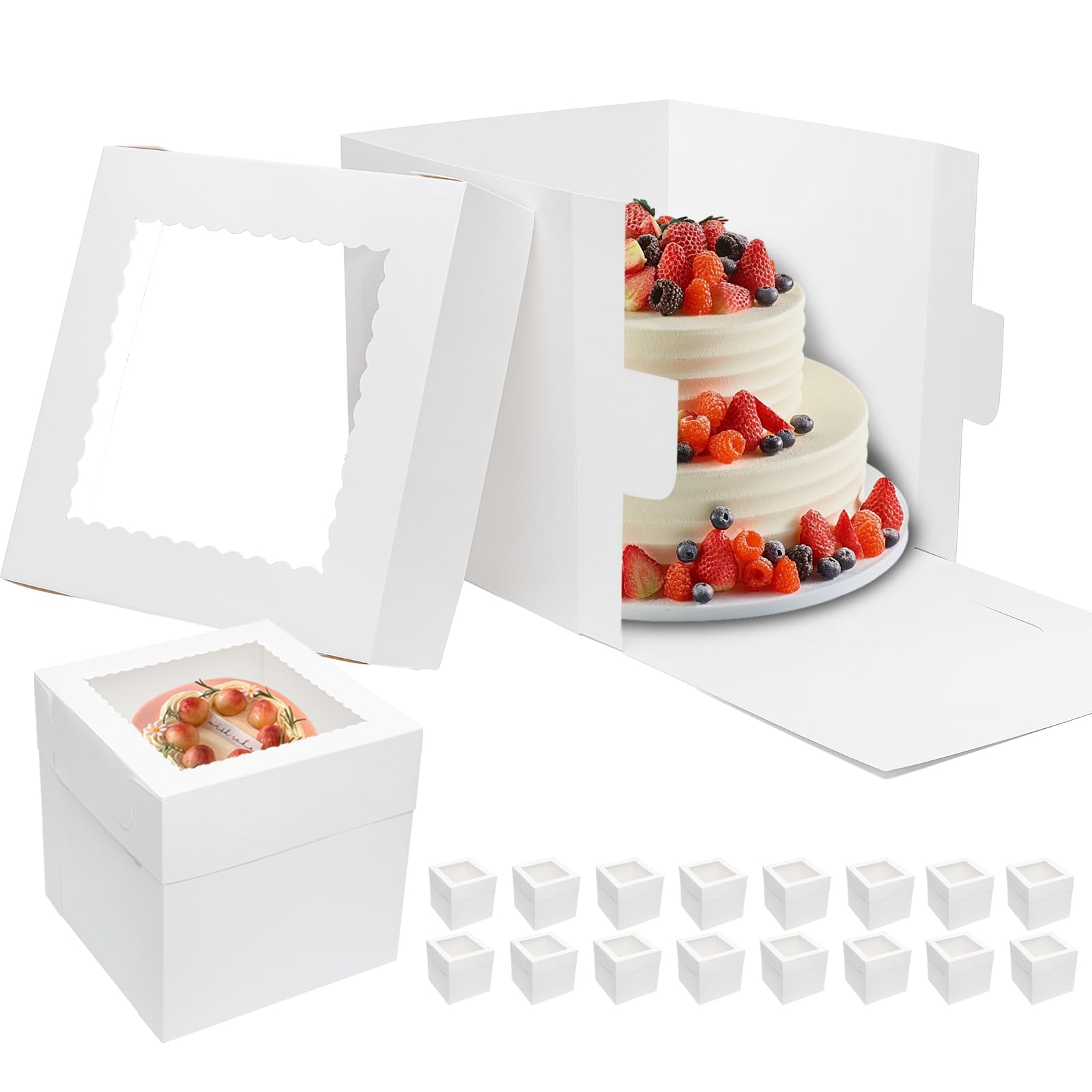 Mcfleet 16pcs Tall Cake Boxes 12x12x12 Bakery Boxes for Tier Cakes with Window 12 Inch White Large Cardboard Bakery Take Out Car