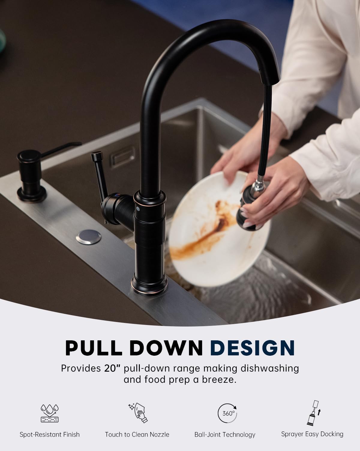 Antique Oil Rubbed Bronze Kitchen Sink Faucet With Soap Dispenser, Dayone Pull Down Farmhouse Faucet For Sink With 3 Mode Spraye