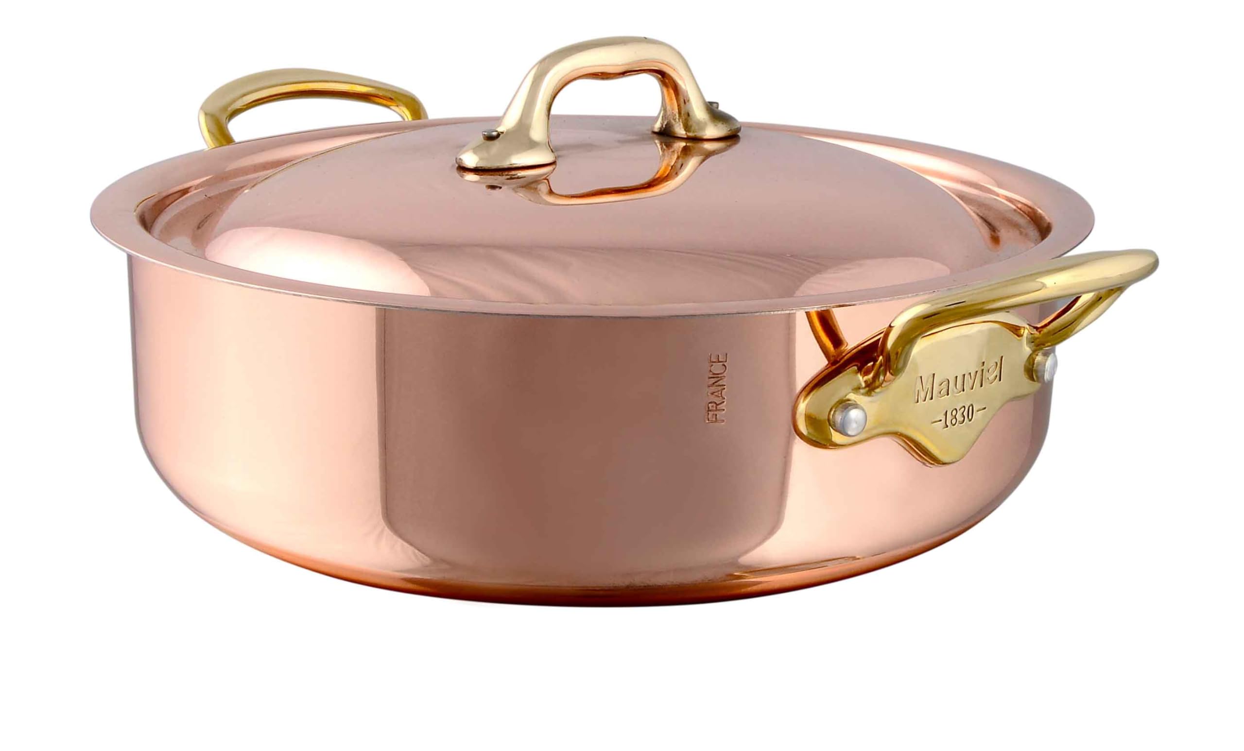 Mauviel MHeritage 150 B 1.5mm Polished Copper & Stainless Steel Rondeau With Lid & Brass Handles, 3-Qt, Made In France