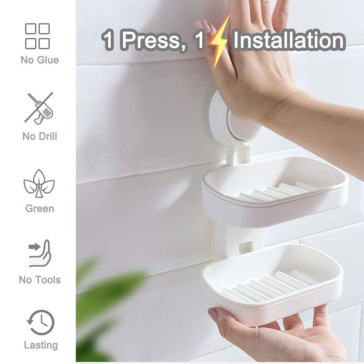 Sunhorde Double Layer Soap Dish Suction Cup Soap Holder For Shower, Powerful Soap Bar Case For Bathroom, Drill-Free, Drainage De