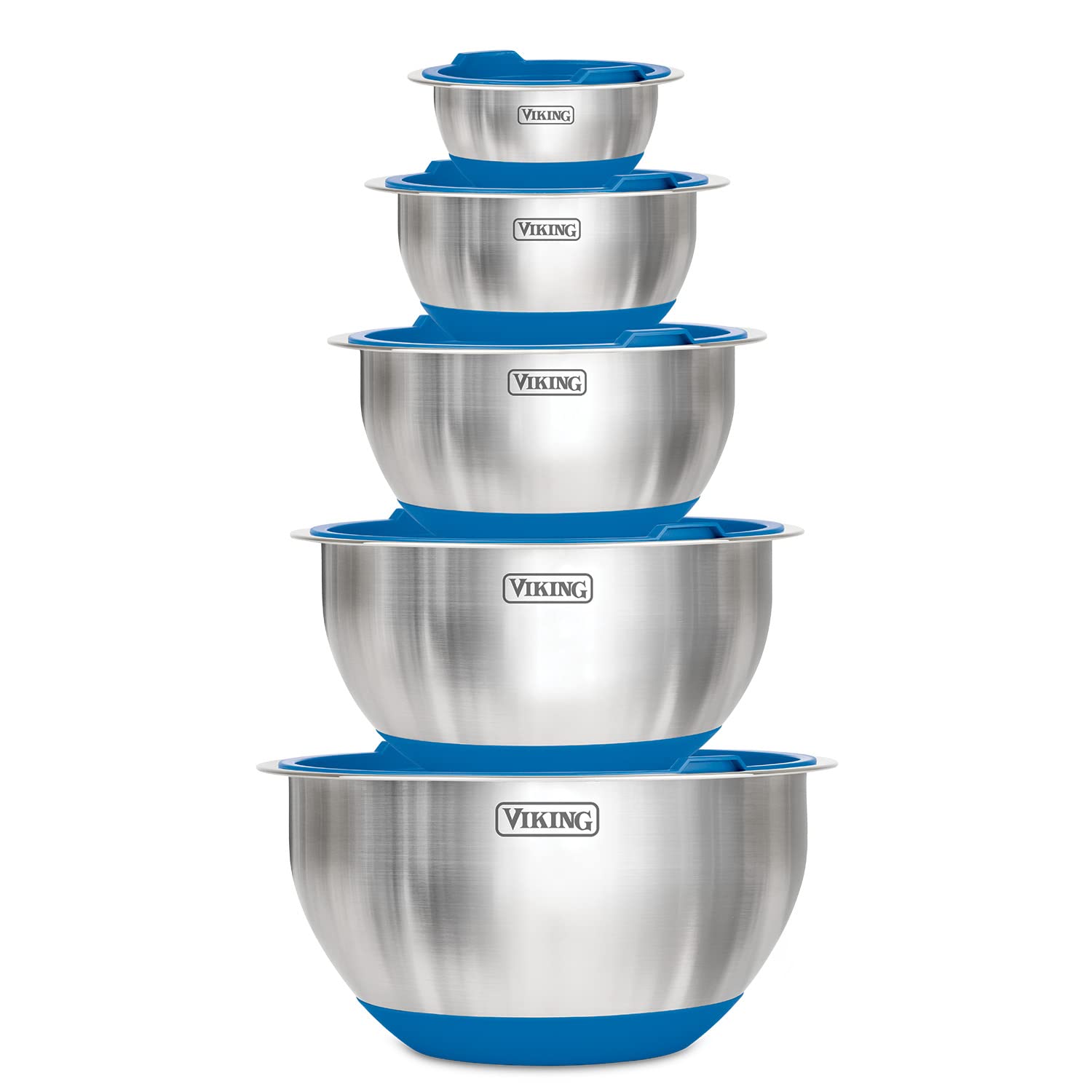 Viking Culinary Stainless Steel Mixing Bowl Set, 10 Piece, Non-Slip Silicone Base, Includes Airtight Lids, Dishwasher Safe, Blue