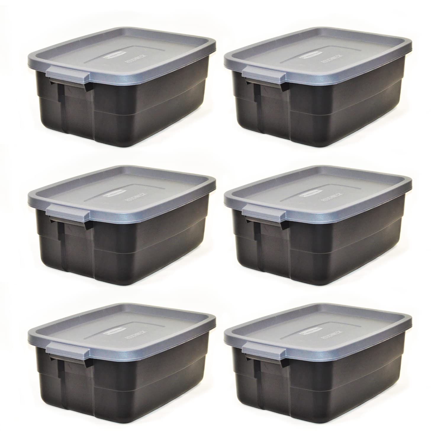 Rubbermaid Roughneck Tote 10 Gal - 6 Pack |Made In The Usa| Black & Grey, Rugged Plastic Stackable Storage Tote With Lid And Han
