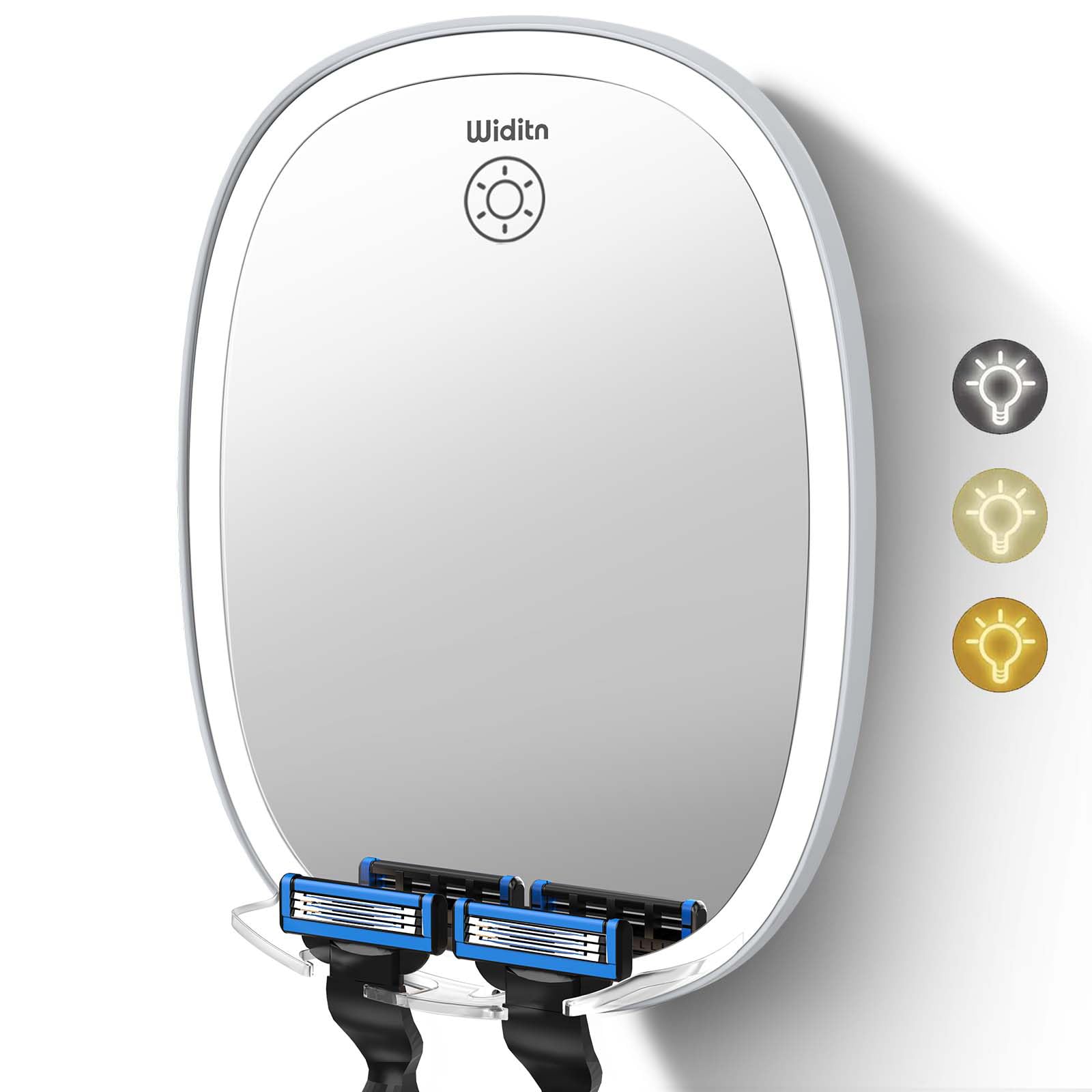 Widitn Led Shower Mirror Fogless For Shaving, Adjustable Shaving Mirror With Razor Holder, 3 Colors Dimmable Lighting, Wall-Moun