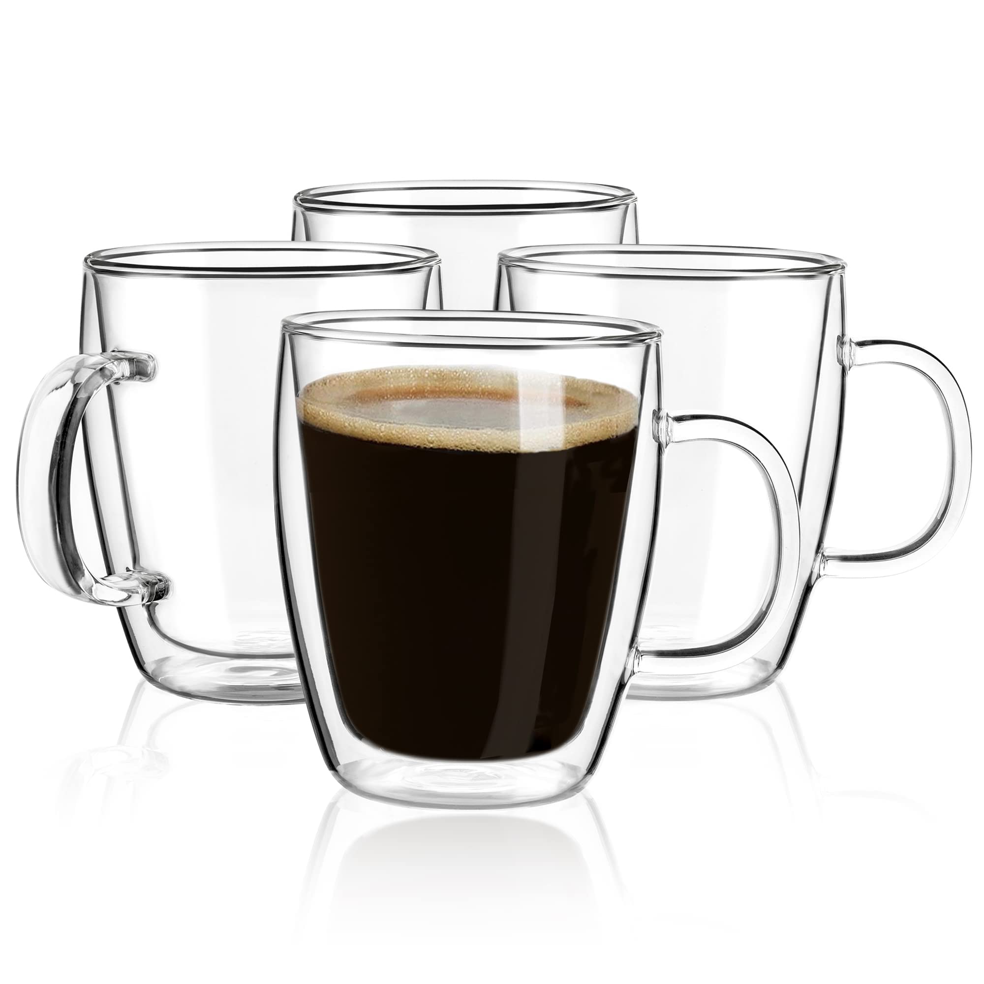 YUNCANG Double Wall Coffee Mugs, (4-Pcak) 16 Ounces-Clear Glass with Handle,lnsulated,Cappuccino,Tea,LatteCups,Beverage Glasses 