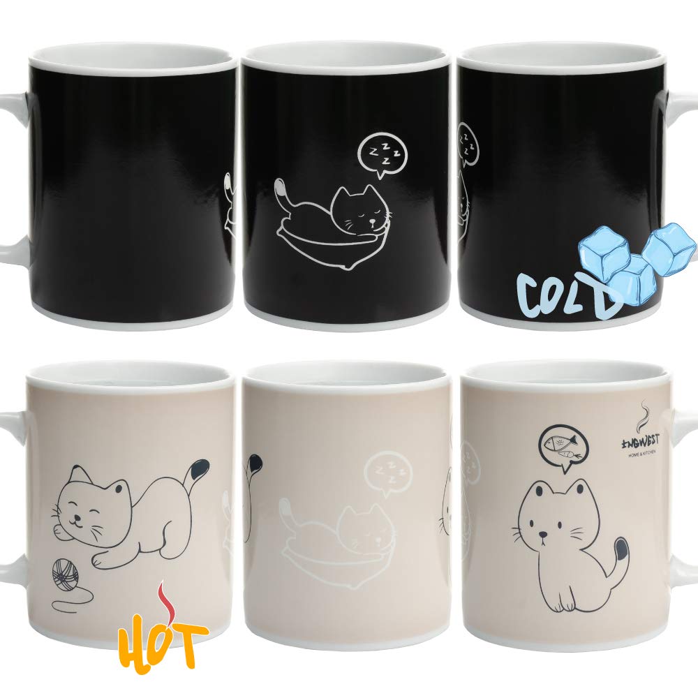 InGwest. Heat Sensitive Color Changing Coffee Mug with Funny Cat. Very Cute Magic Mug with Tongue on bottom.