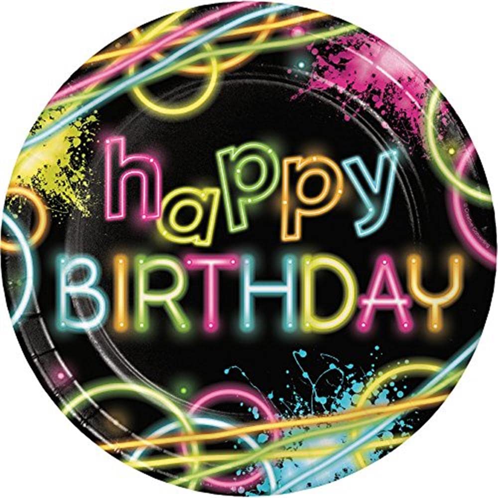 Creative Converting Birthday Pcs 8-Count Sturdy Style 8.75-Inch Round Paper, Glow Party, Large Plates