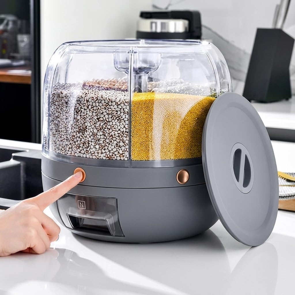 Shreevoke Grain Dispenser Grocery Organizer 360 Degree Rotating 6 Grid Storage Container Moisture Resistant Sealed Lid For Rice 