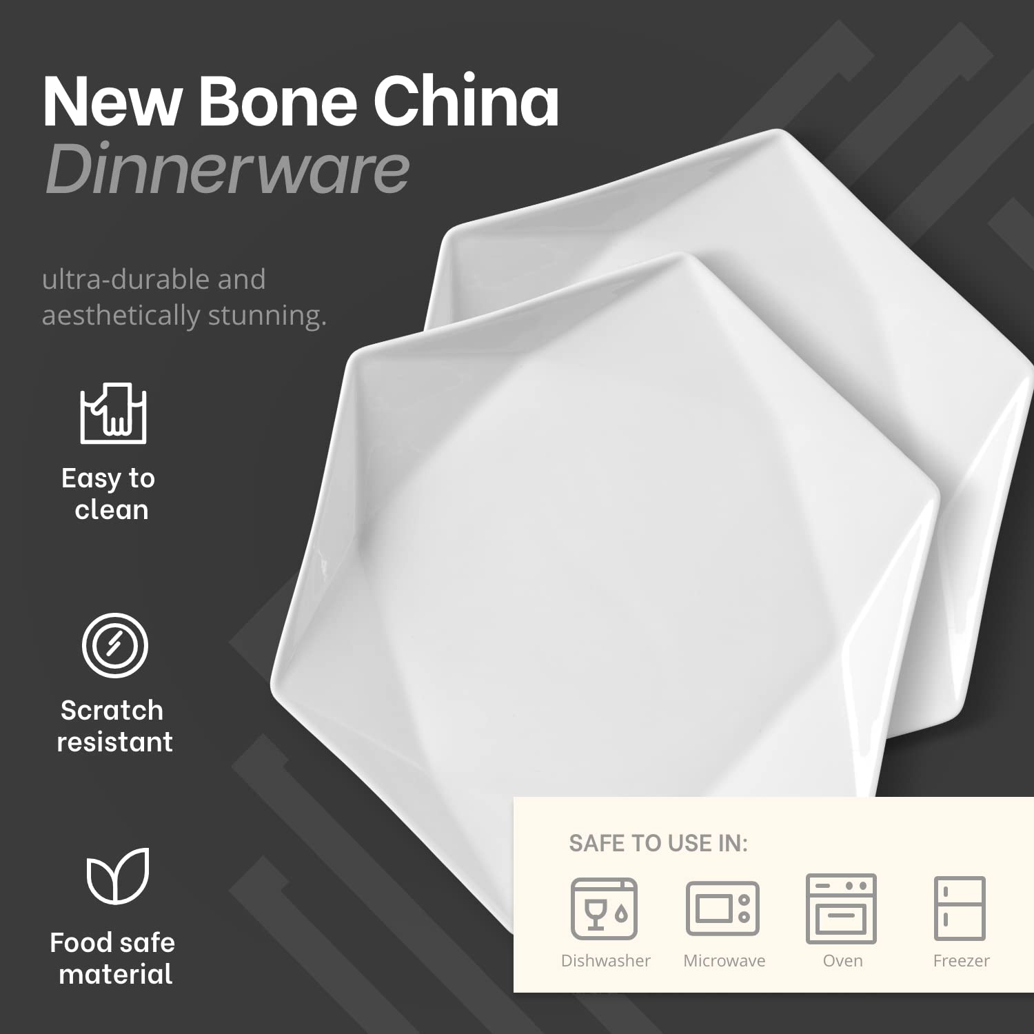 Mitbak 20 Ounce Bone China Soup Bowls | Set Of 6 Diamond Shaped White Serving Bowl Plates For Soup, Ramen, Cereal, Pasta, Fruit,