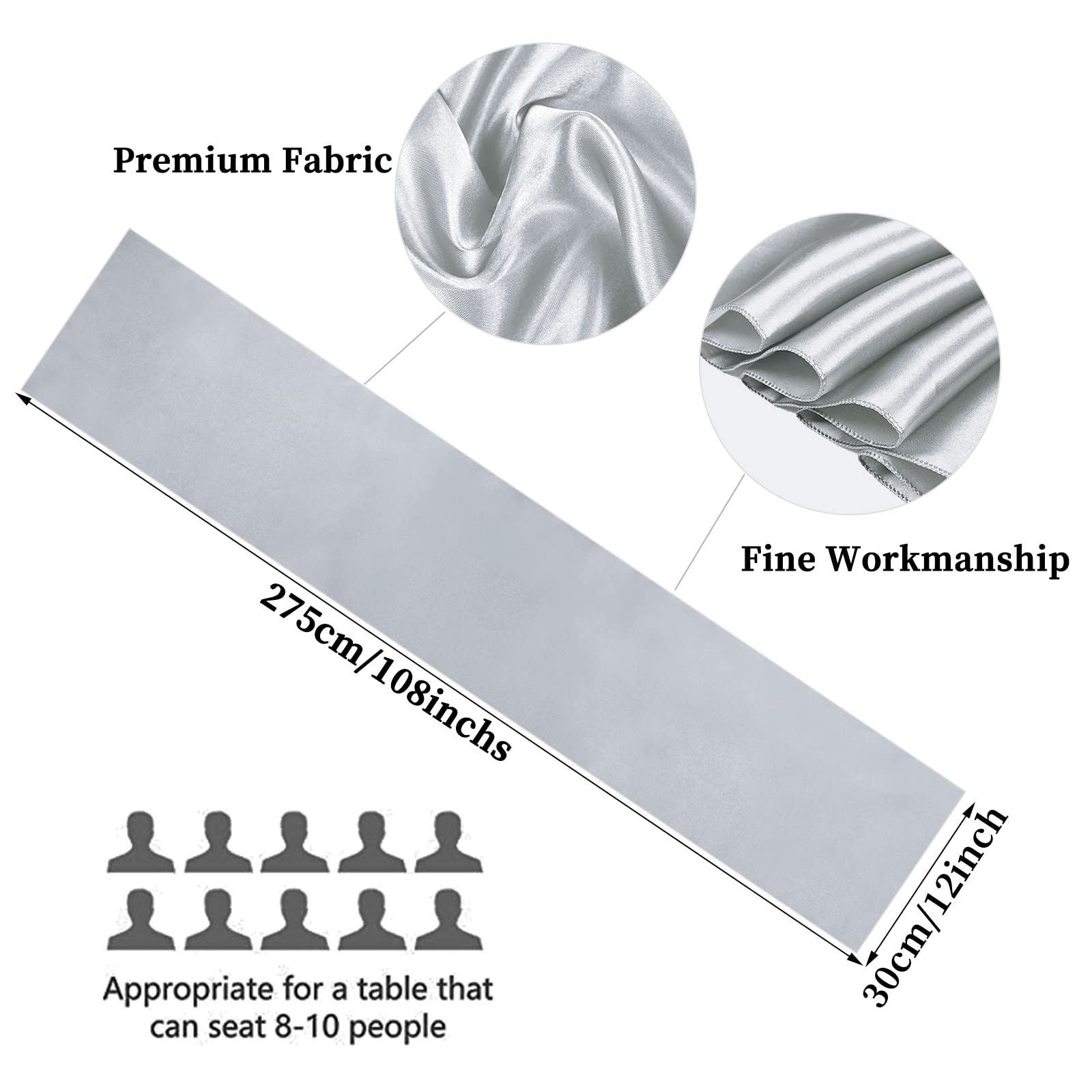 10-Pack Silver 12 X 108 Inches Long Premium Satin Table Runner For Wedding, Decorations For Birthday Parties, Banquets, Graduati
