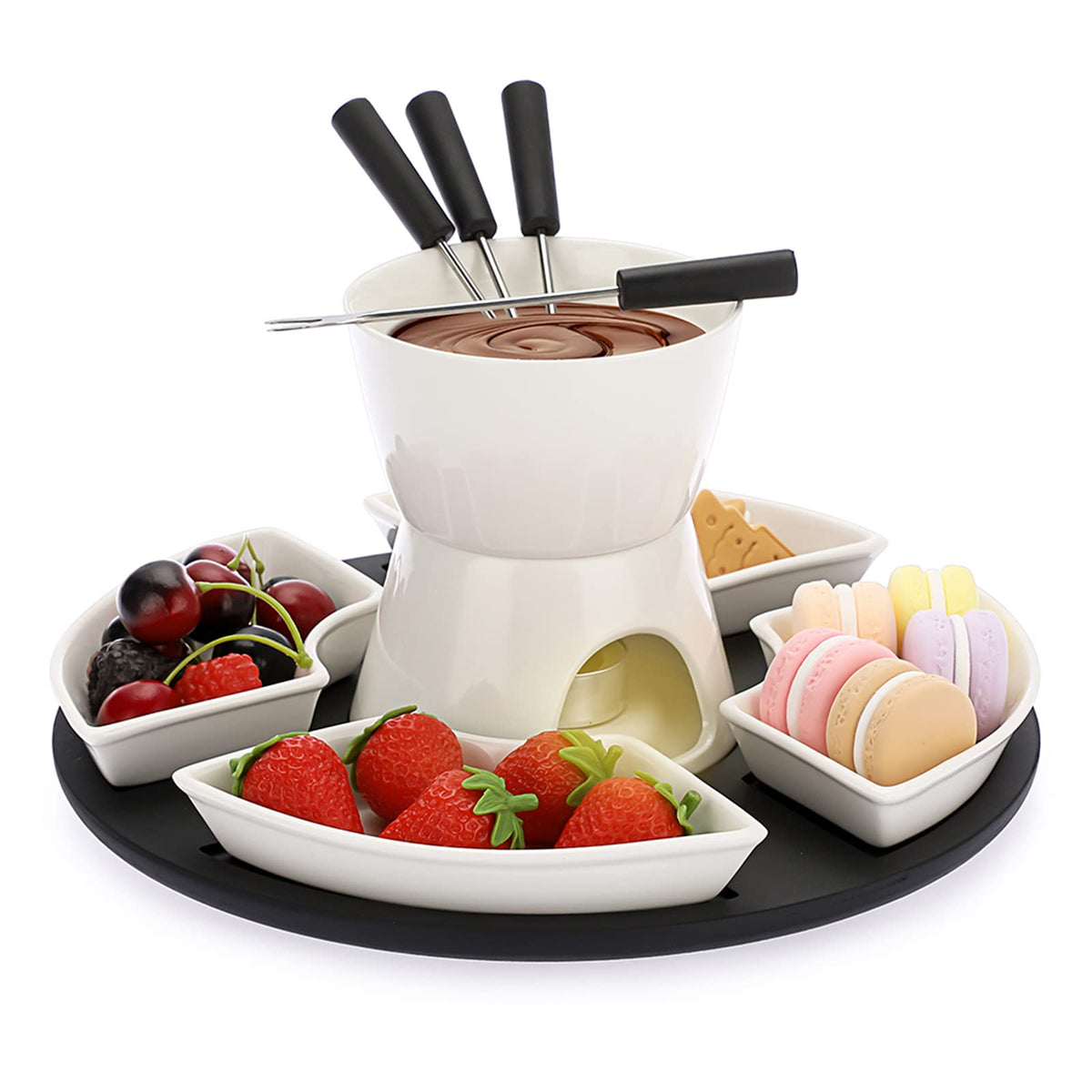Bstkey 300Ml Ceramic Butter Warmer Set With Wooden Pallet, Fondue Pot Melting Pot Set, Melt Hot Pot Bowl Set For Cheese Chocolat