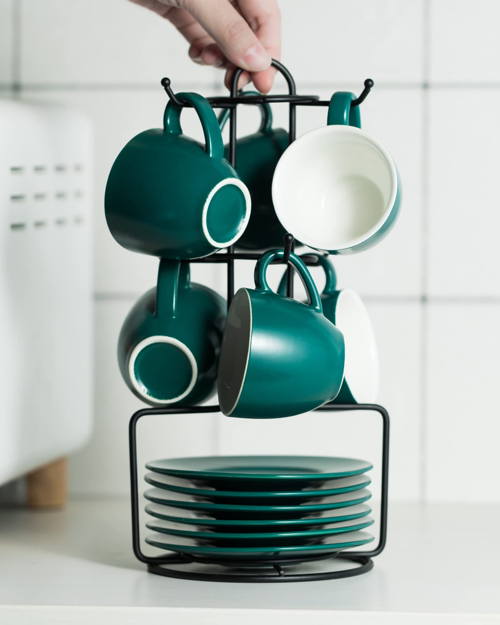 Yhosseun Ceramic Espresso Cups And Saucers Set With Metal Rack, 3 Oz Espresso Cups Set Of 6 - Small Coffee Cups Demitasse Cups F