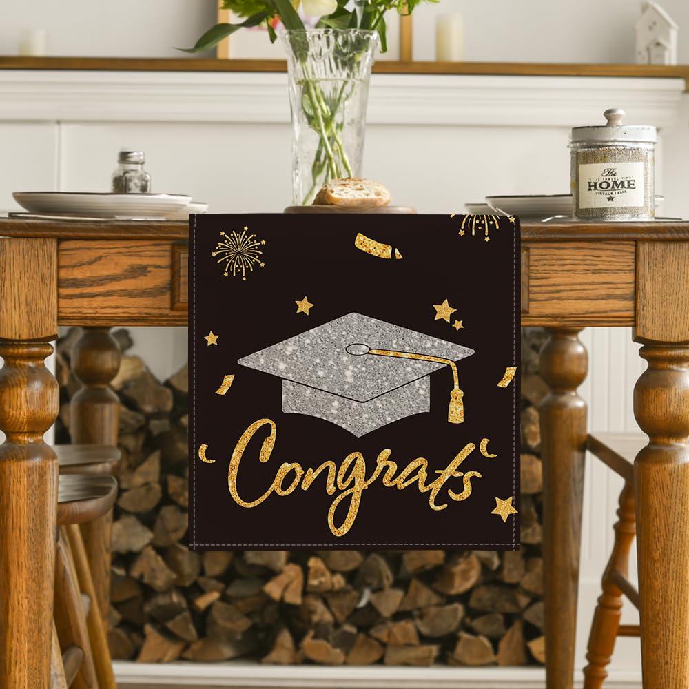Artoid Mode Congrats Table Runner Diploma Cap, 2025 Graduation Holiday Kitchen Dining Table Runners For Home Party Decor 13 X 72