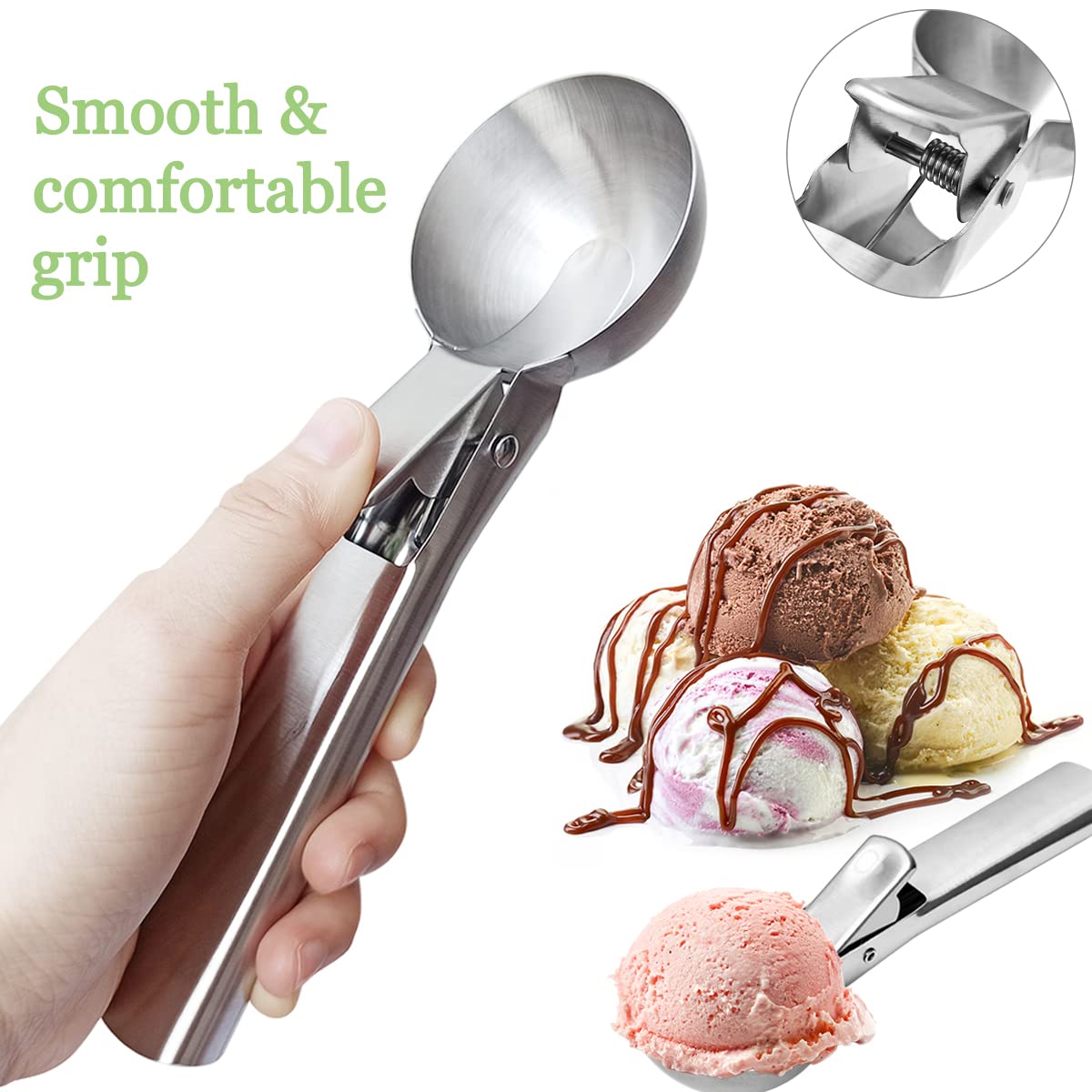 Tenalleys Stainless Steel Ice Cream Scoop - Heavy Duty Trigger Spoon, 7.5x2.1in, Silver, Model 600380