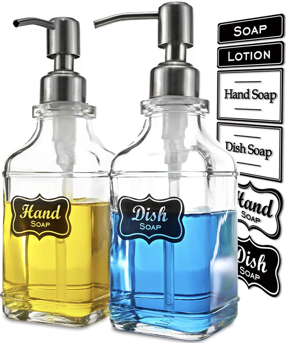 Jasai 2Pack Antique Design Glass Soap Dispenser With Rust Proof 304 Stainless Steel Pump, Refillable Hand Soap Dispenser With 10