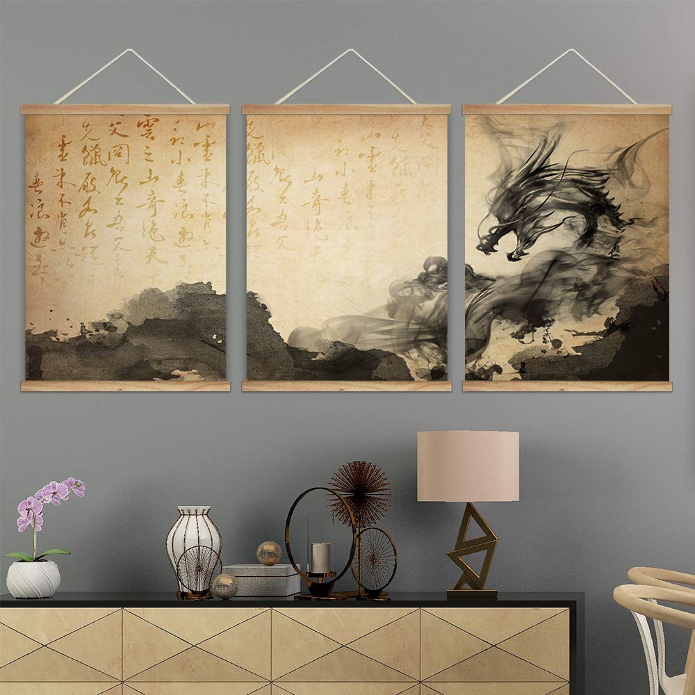 Wall26 - 3 Panel Hanging Poster With Wood Frames - Chinese Ink Painting Style Dragon - Ready To Hang Decorative Wall Art - 18''X