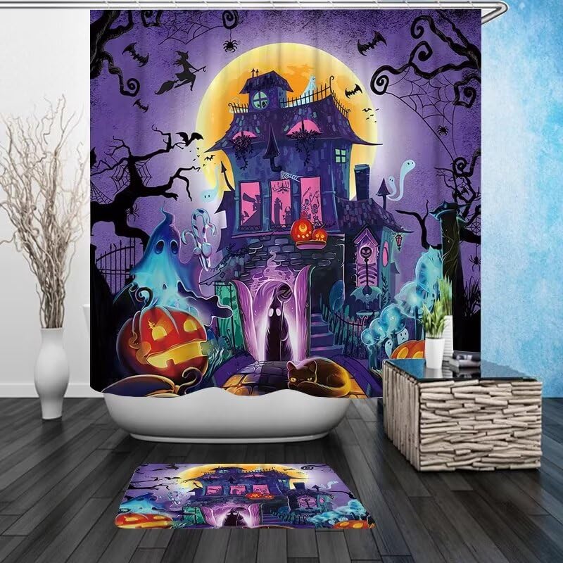 Nbvko Halloween Purple Castle Pumpkin Waterproof Shower Curtain,With Non-Slip Rugs,Toilet Lid Cover And Bath Mat,Bathroom Shower