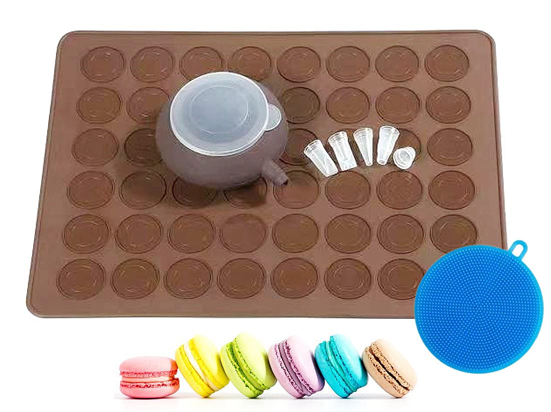 Artiware Food Grade Silicone Brown Color Macaron Baking Kit Tray Set W. Piping Pot 4 Types Of Nozzles & 1 Cleaning Scrubbing Pad