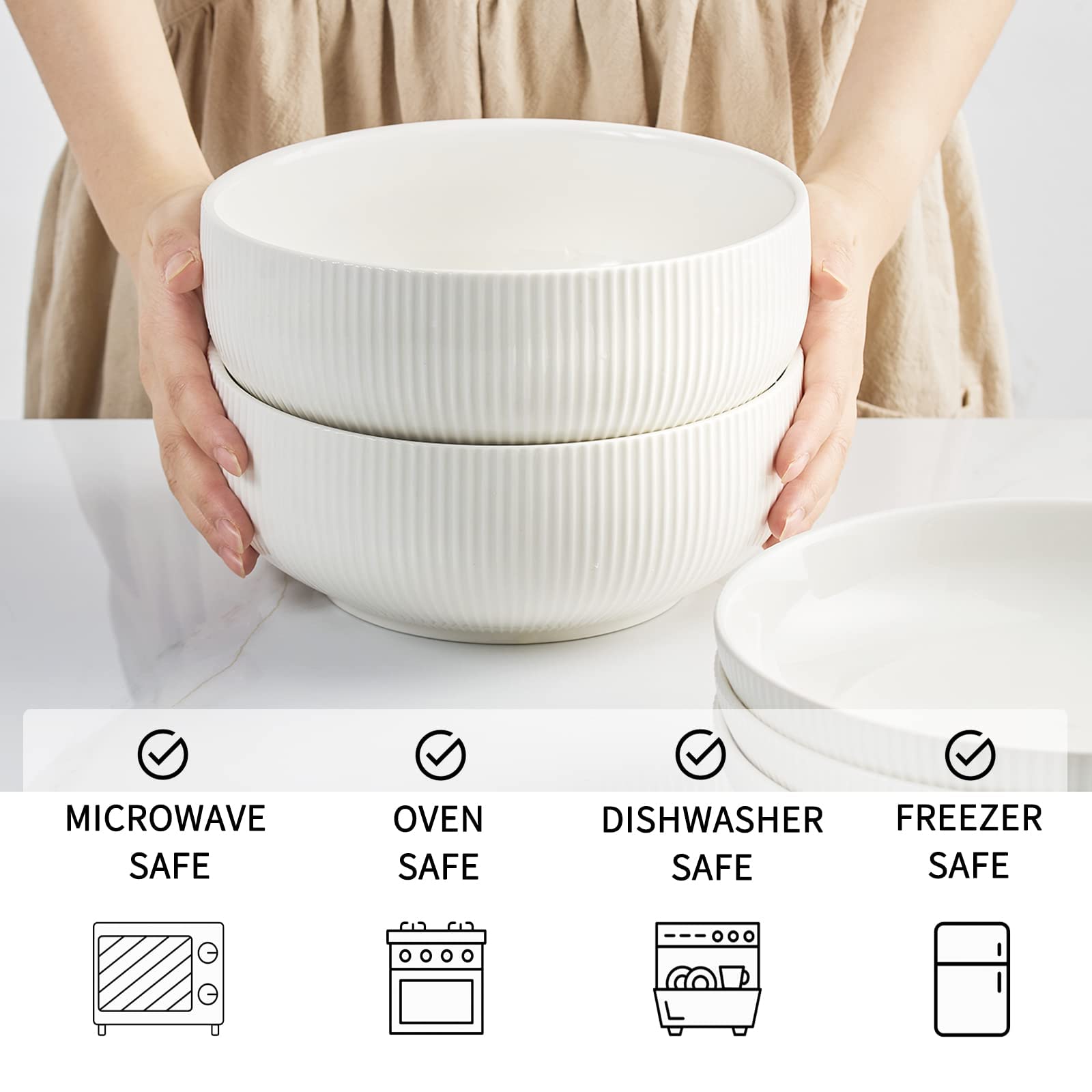 Getstar Salad Bowl, 8 Inch 60 Oz Large Serving 2 Packs Ceramic Bowl Set, Microwave & Freezer Safe, Bowl Set Of 2 For Fruit Soup