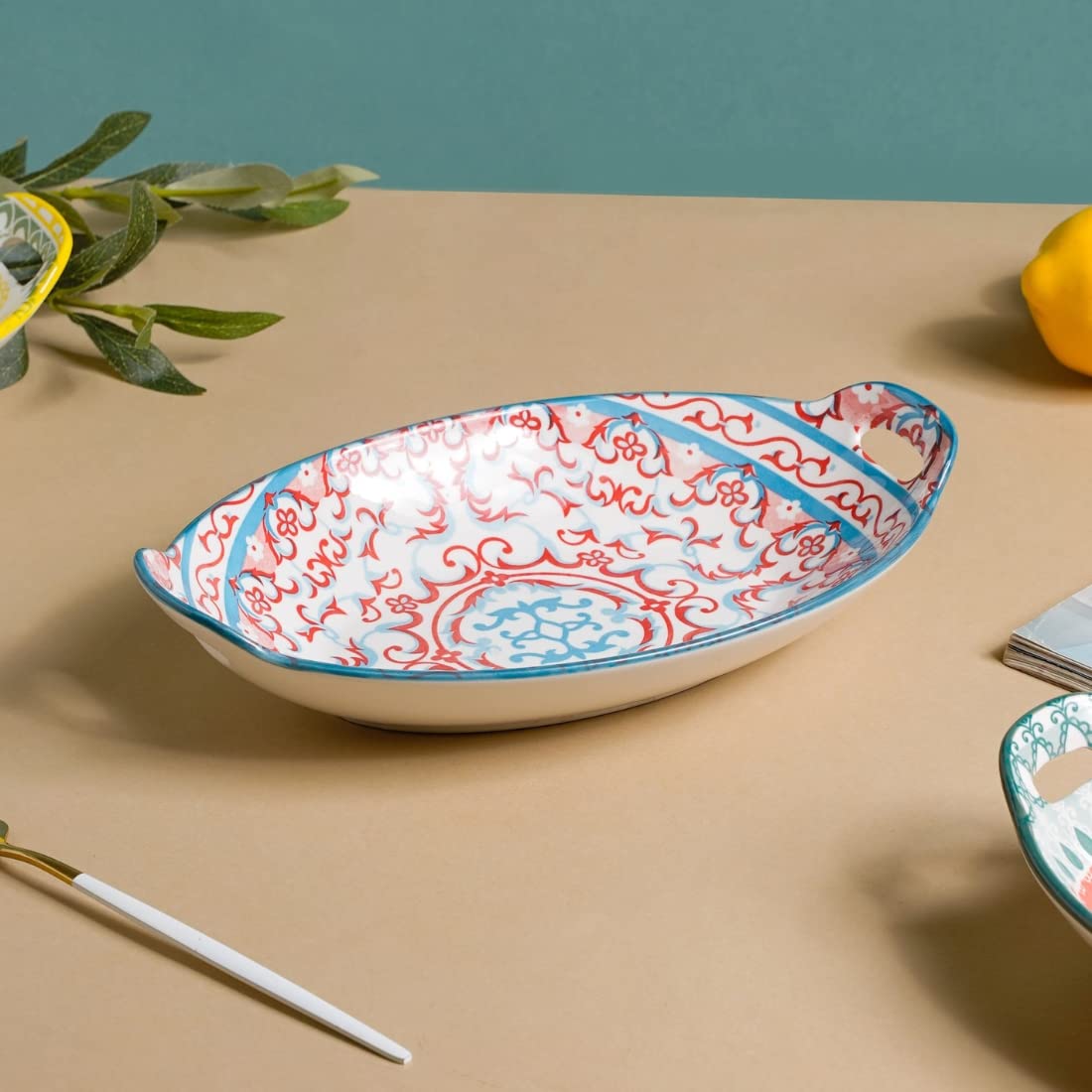 Nestasia Red and Blue Mandala Ceramic Long Dish with Handles for Serving Snacks, Appetizers, Salads, and Noodles| Microwave Safe