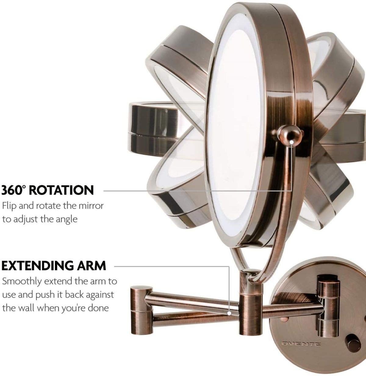 Ovente 9'' Lighted Wall Mount Makeup Mirror - 1X/ 7X Magnification, Hardwired Glow Cosmetic Light Up Mirror, Spinning 360-Degree