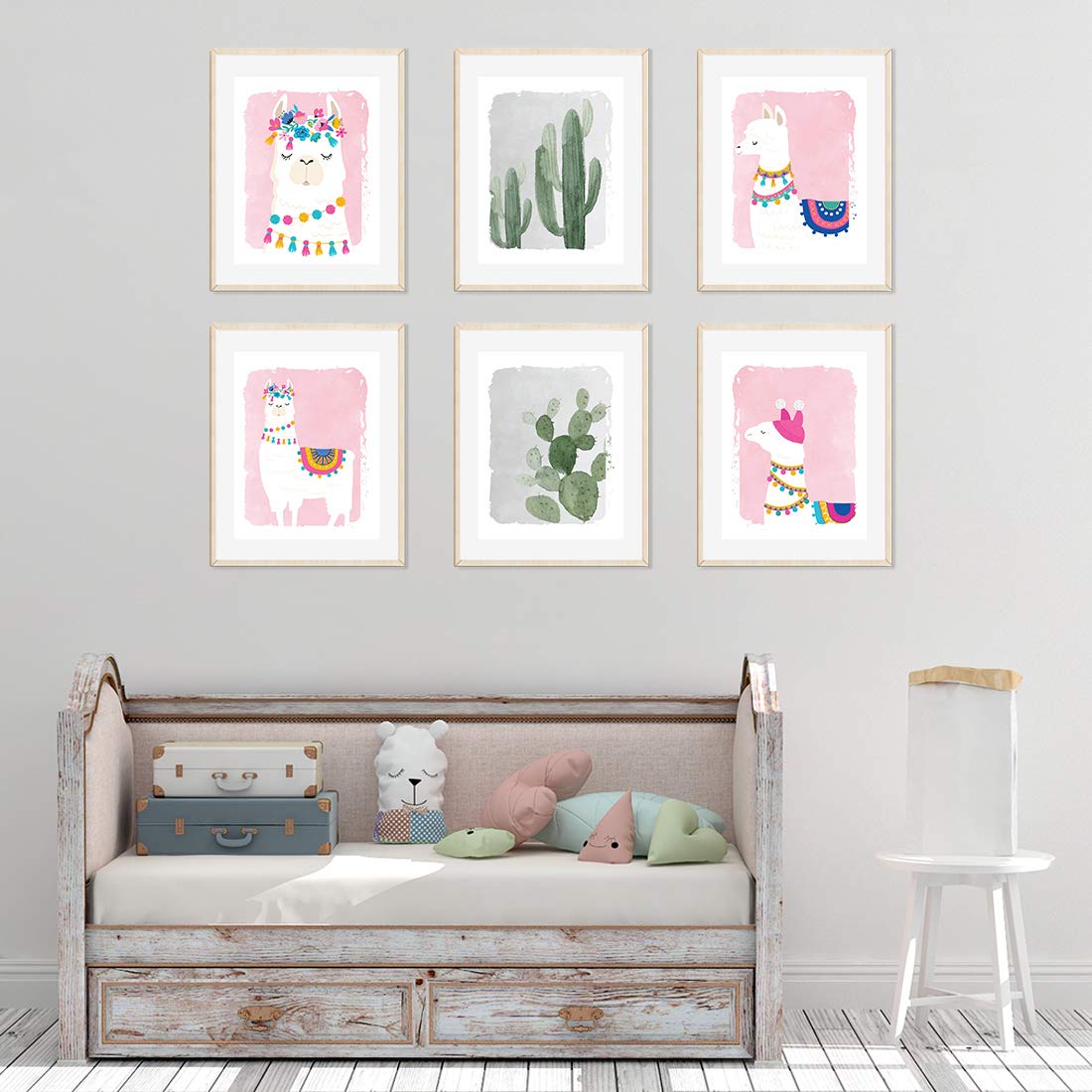 Andaz Press Llama Theme Nursery Kids Room Unframed Hanging Wall Art Poster Home Decor, 8.5X11-Inch, Girl Pink, Watercolor Cactus
