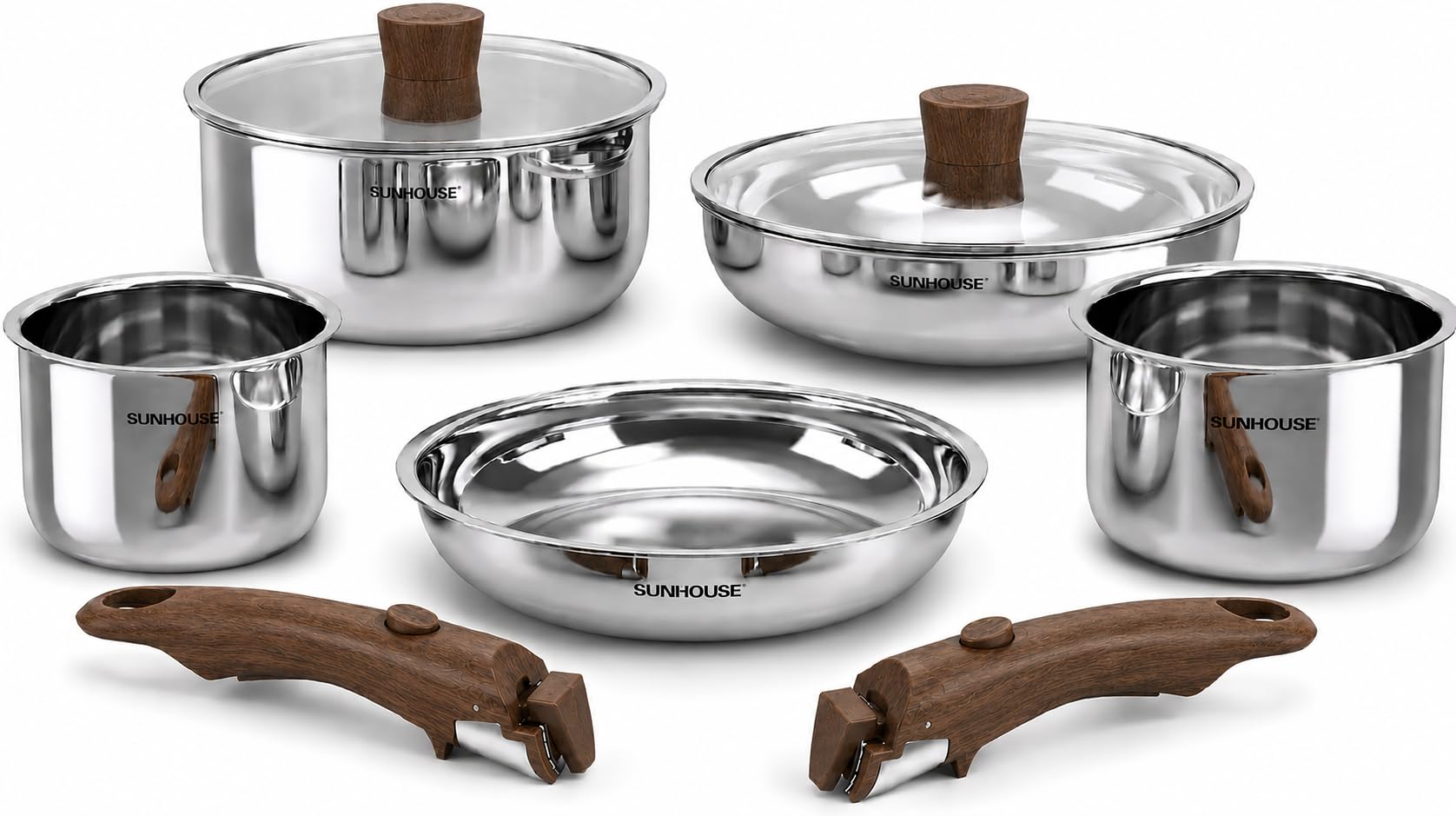 SUNHOUSE 9pcs 3Ply Clad Stainless Steel Cookware Set w/Detachable Handle