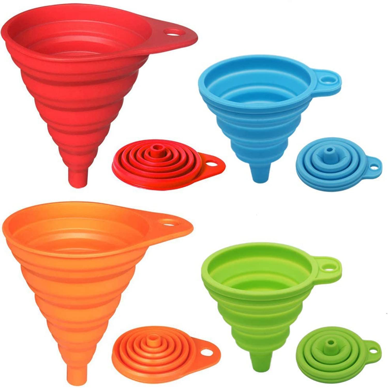 Kongnai Kitchen Funnel Set 4 Pack, Small And Large, Kitchen Gadgets Accessories Foldable Silicone Collapsible Funnels For Fillin