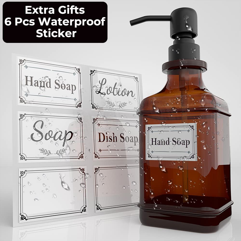 GLADPURE Soap Dispenser 2 Pack  Hand Soap Dispensers with 18 Oz Antique Design Thick Amber Glass Bottle  316 Rust Proof Stainless Steel Black Pump  6Pcs Stickers  for Lotion  Soap  Essential Oil