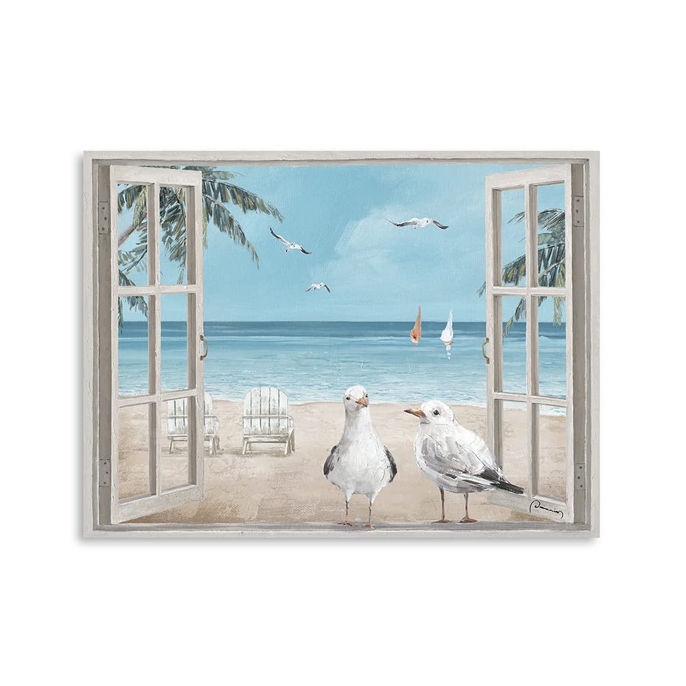 Forjoy Beach View With Window Art Coastal Bird Pictures Window View Canvas Wall Art Window Beach Poster Beach Window Wall Art Se