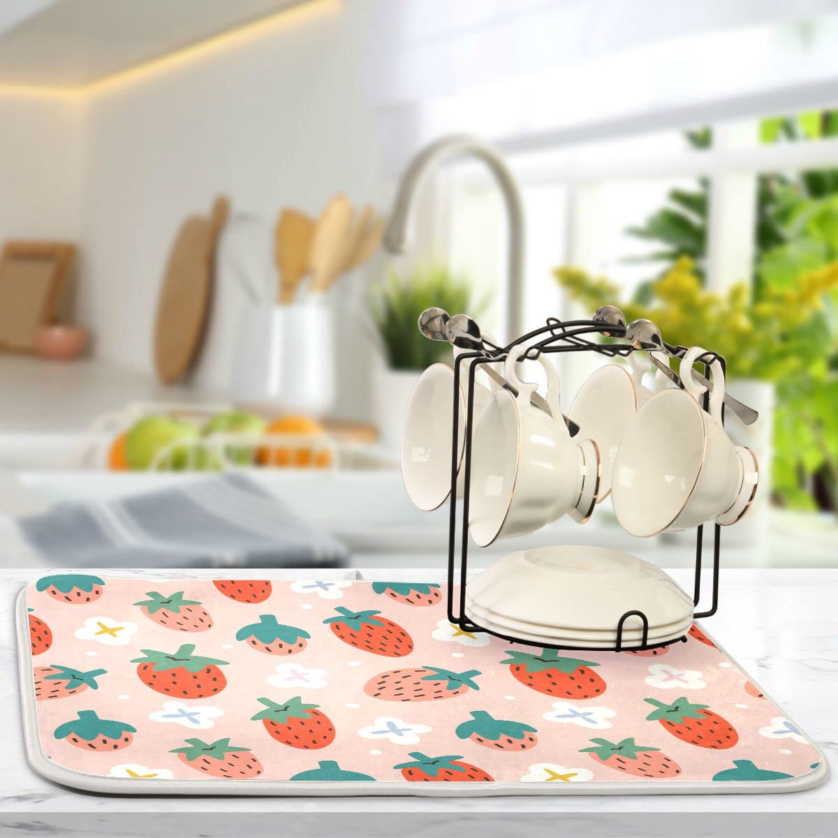 Pink Strawberry Dish Drying Mat For Kitchen Fruits Flowers Microfiber Drying Mats Absorbent Reversible Dish Pad Medium Dish Drai