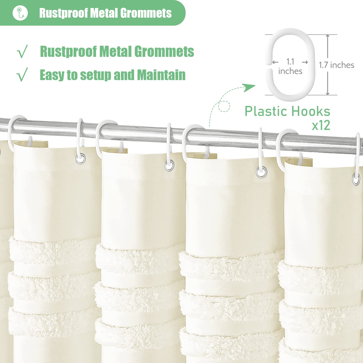 Dynamene Cream Fabric Shower Curtain, Tufted Chenille Striped Textured Cloth Shower Curtains For Bathroom, Boho Farmhouse Shabby