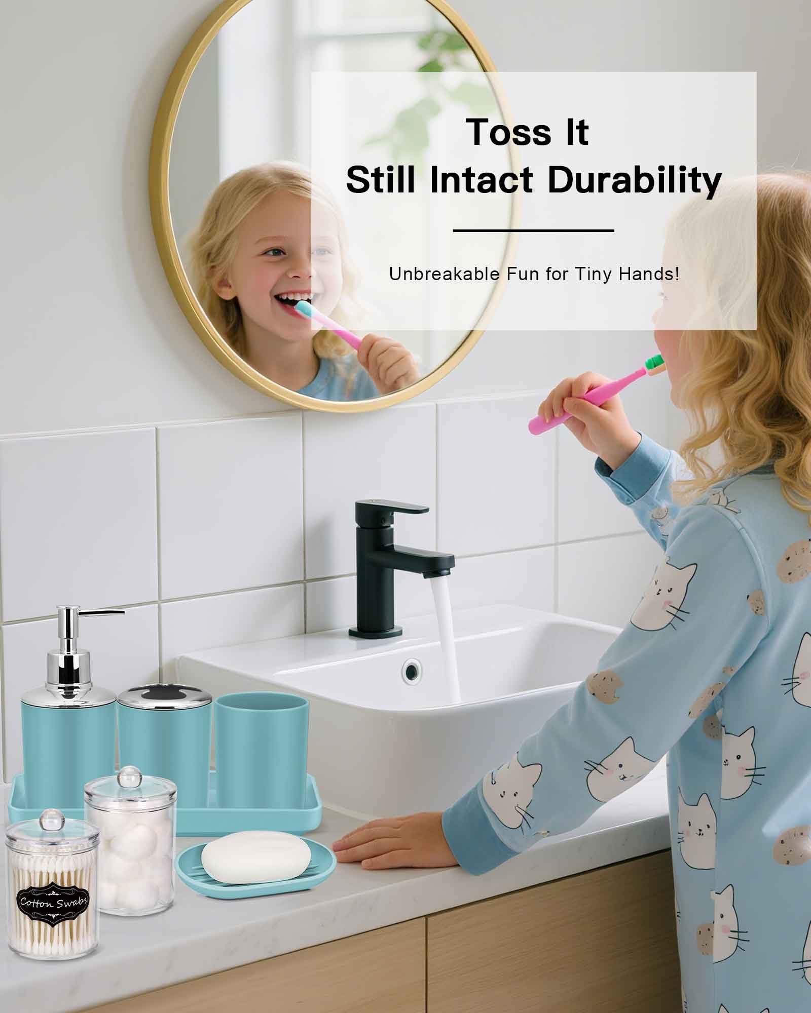 IMAVO Bathroom Accessories Set,Blue Bathroom Set,9 Pieces Bathroom Accessory Set,Tray,Qtip Holders,Toilet Brush,Trash Can for Ba