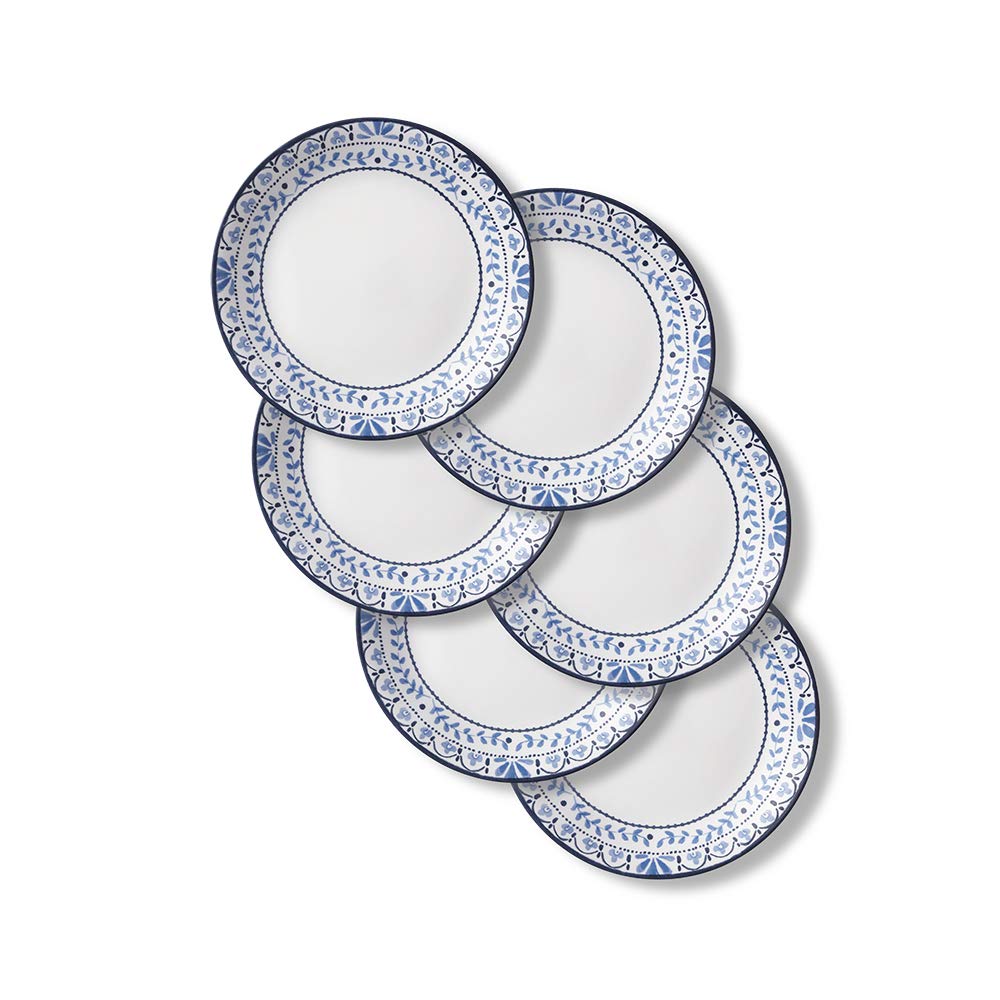 Corelle Vitrelle Salad Plates Set, Triple Layer Glass And Chip Resistant, 9-Inch Lightweight Round Plates, Portofino, Caspian, 6