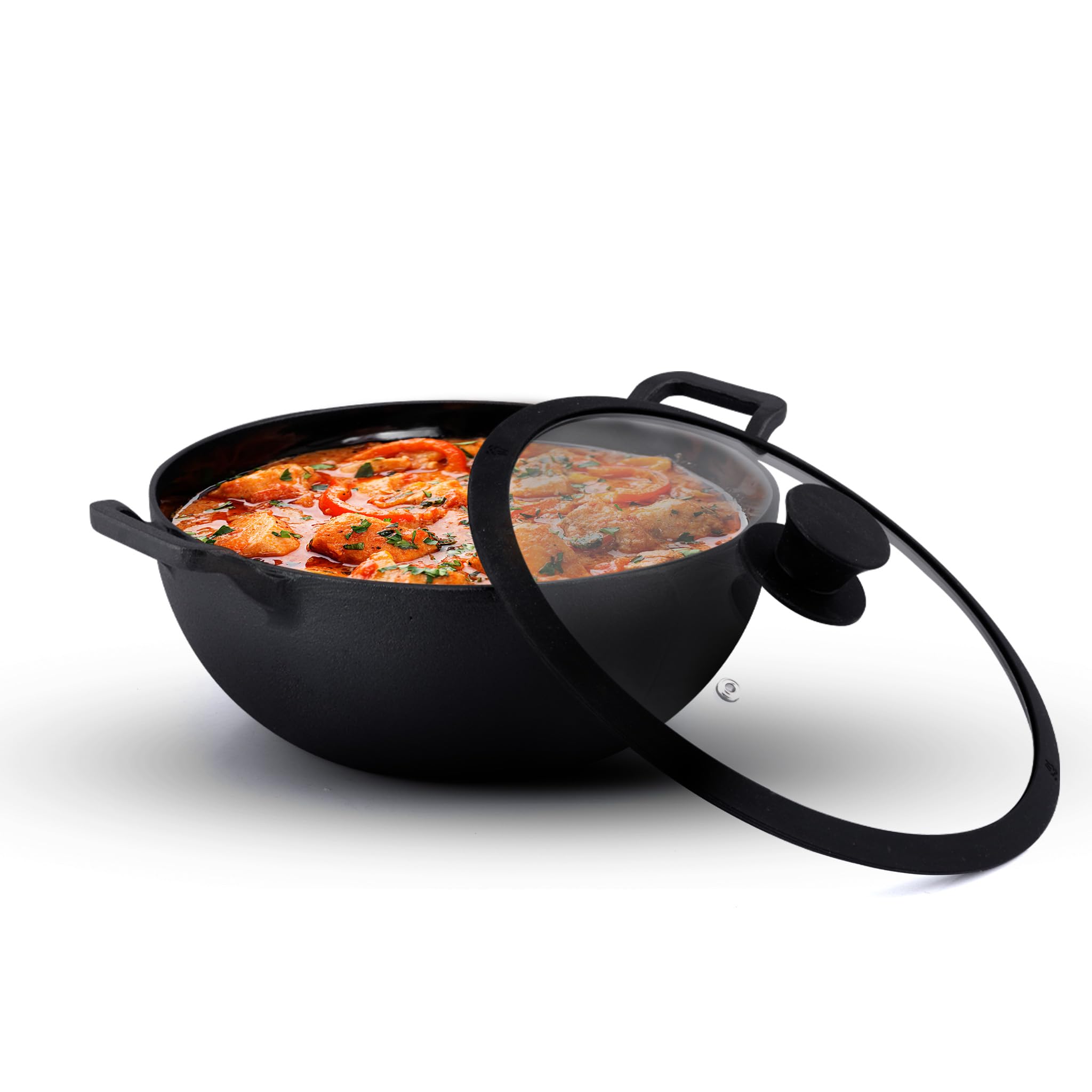 Agaro Royal Pre Seasoned Cast Iron Kadai With Glass Lid, No Chemical Coating, Rigid Iron Handle, 4.3L, Uni-Body Design, Fast Hea