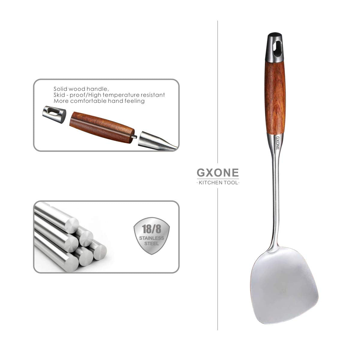 Chinese Wok Spatula, 304 Stainless Steel Spatula With Heat Resistant Wooden Handle Wok Utensils,Silver/15.7Inch