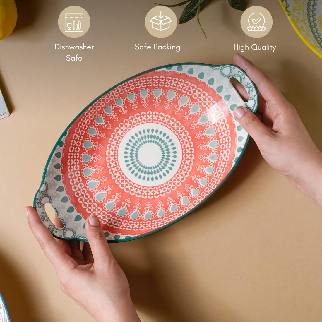 Nestasia Pink and Blue Mandala Ceramic Long Dish with Handles for Serving Snacks, Appetizers, Salads, and Noodles| Microwave Saf