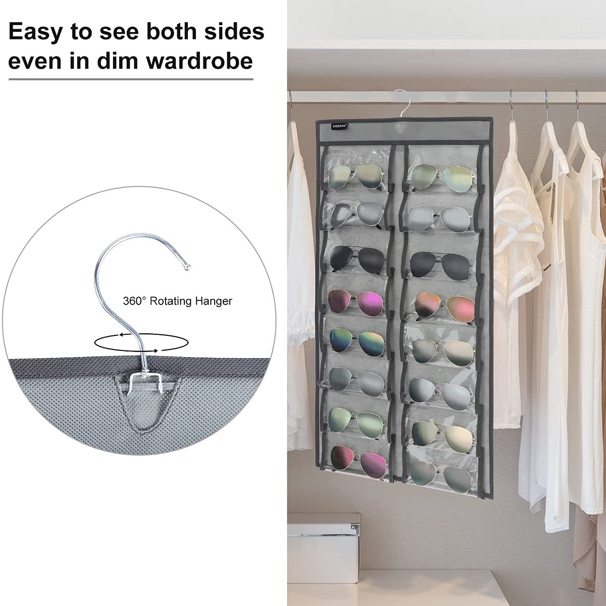 Anzorg Over The Door Hanging Sunglasses Organizer Storage Sunglass Rack Holder Eyewear Display Case With 16 Clear Dust Proof Poc