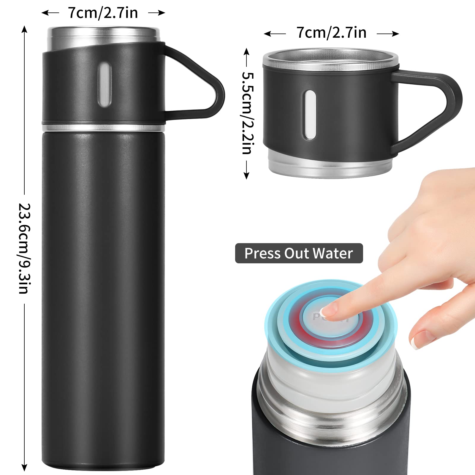 Mucr 500Ml/17 Oz Stainless Steel Thermo Bottle With 3 Cups, Insulated Coffee Water Bottle For Hot And Cold Drinks, Vacuum Flask