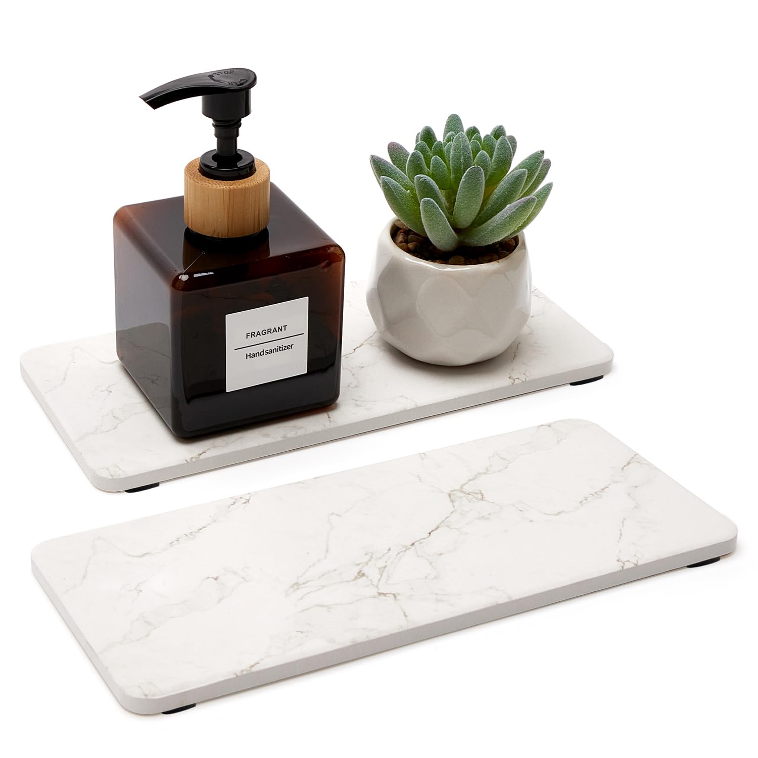 2 Pcs Water Absorbing Stone Drying Trays for Bathroom Sink Kitchen Counter Soap Dish Dispenser Sponge Holder White Ceramic Bathr
