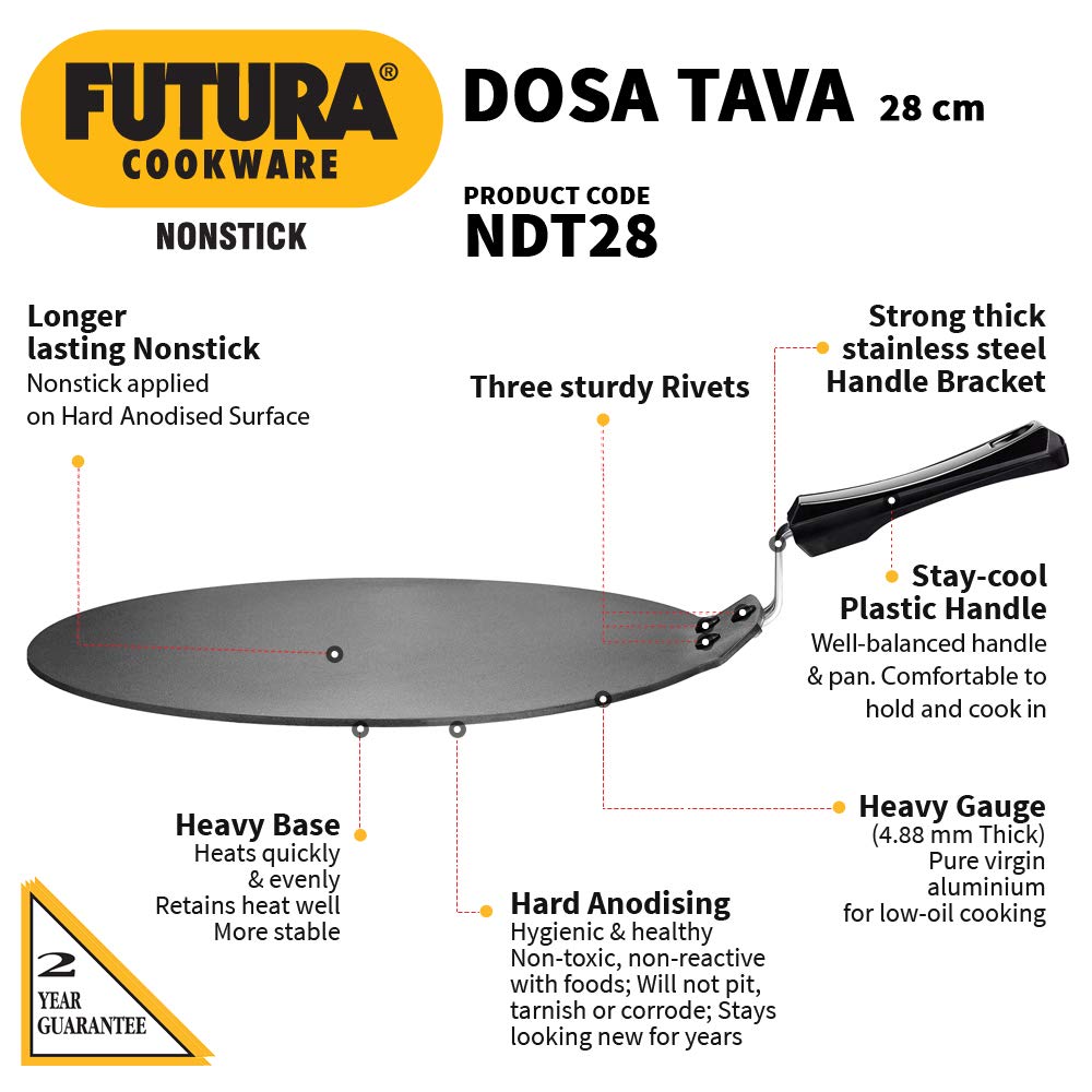 Hawkins Futura Non-Stick Flat Dosa Tava Griddle, 11-Inch,Black