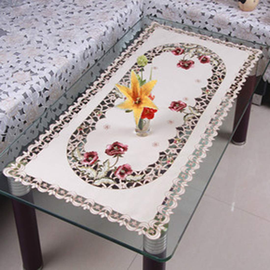 Lelehome 68'' X 100'' Oblong Flower Embroidered Lace Beige Tablecloth, Vintage Classic Dining Table Cloth Wrinkle Free Table Cov