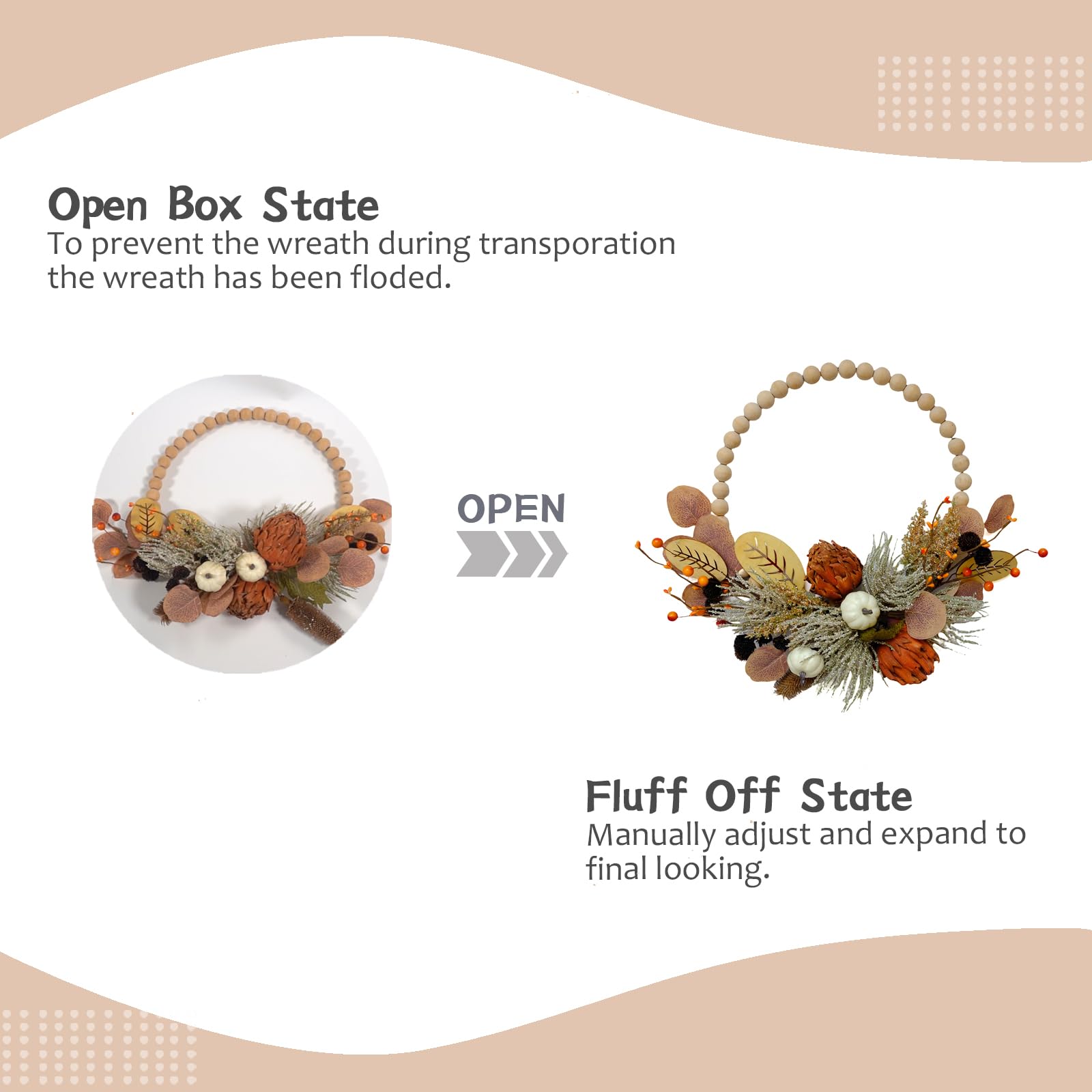 TEMPUS 16 Artificial Fall Wooden Beads Wreath with Leaves, Chrysanthemums & Mini Pumpkins - Handcrafted Harvest Decor for Front