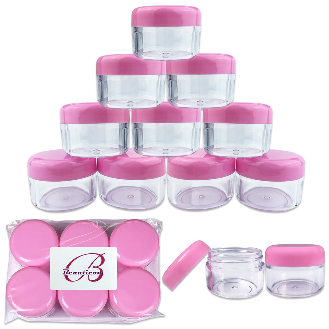 Beauticom 12 Pieces, 30 Gram 30 Ml (1 Ounce) Round Clear Refillable Empty Plastic Jars With Pink Screw Cap Lids For Storing Loos