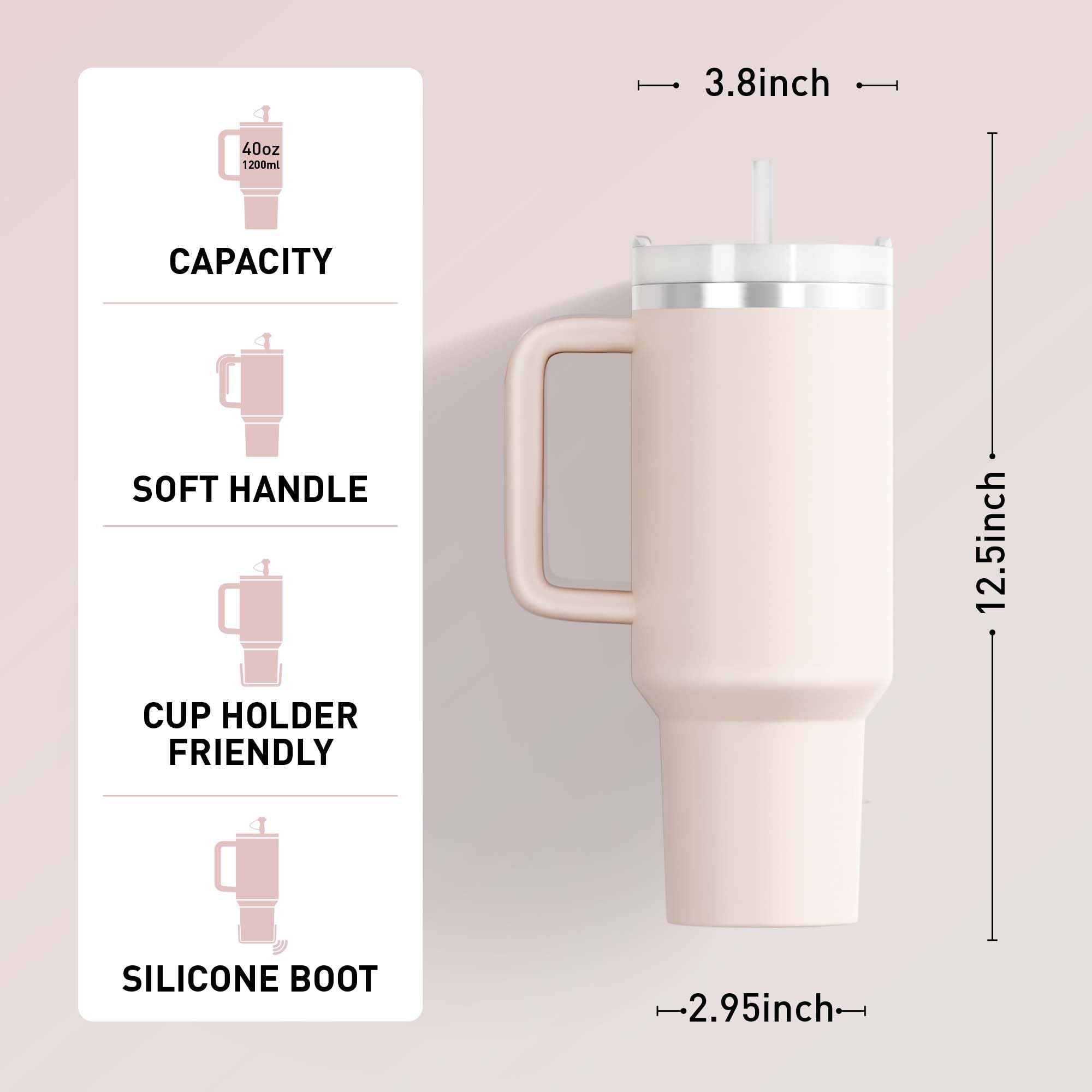 Kisskind 40 Oz Tumbler With Handle Travel Mug Straw Covers Cup With Lid Insulated Quencher Stainless Steel Water Iced Tea Coffee