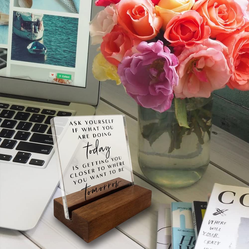 Inspirational Quotes Desk Sign, Motivational Minimalist Decor Art Acrylic Plaque With Wooden Stand Sign Home Office Desk Sign Gi